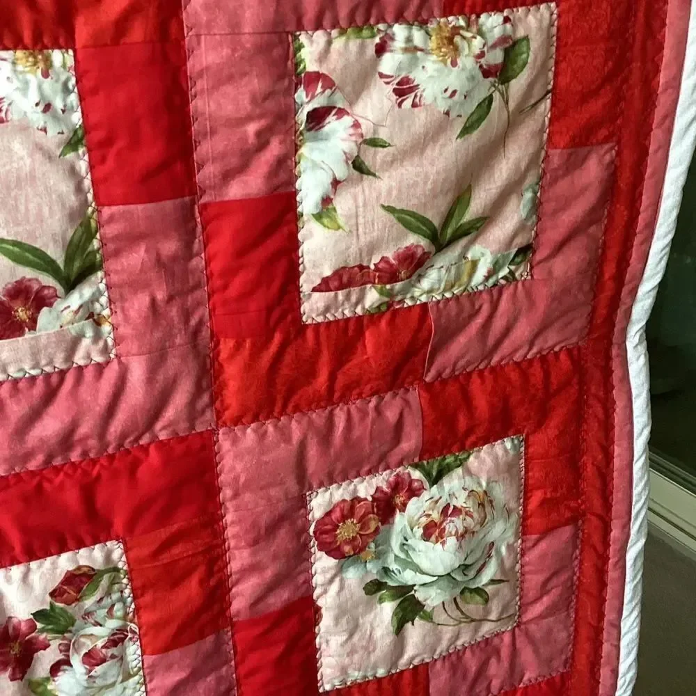 NWT. Floral Red and Pink Peonies Hand Crafted Quilt